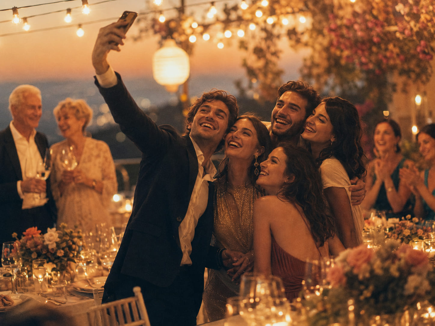 Un grupo de amigos elegantes se toma una foto con el celular en una terraza al atardecer, entre guirnaldas encendidas y mesas servidas.