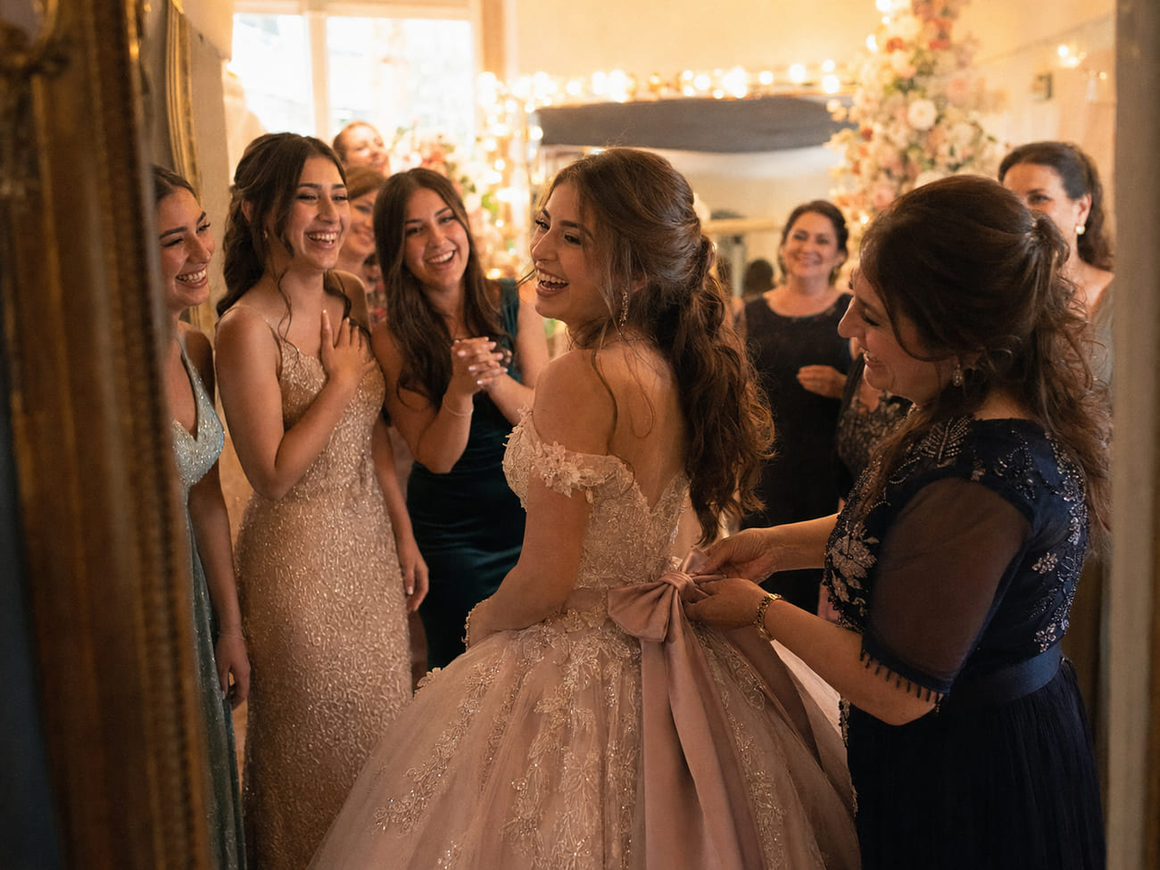 Joven probándose su vestido de quince mientras su mamá, sus amigas y su familia ríen y aplauden con luz dorada de ventana