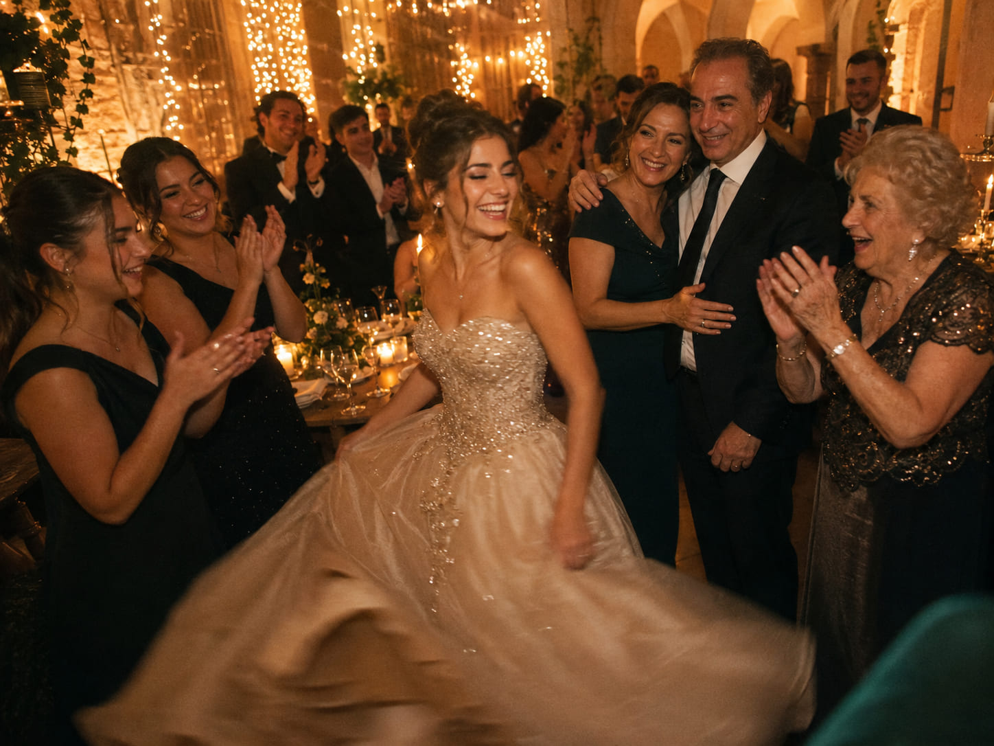 Quinceañera girando riendo en su vals mientras familia e invitados aplauden y cantan entre velas y guirnaldas cálidas