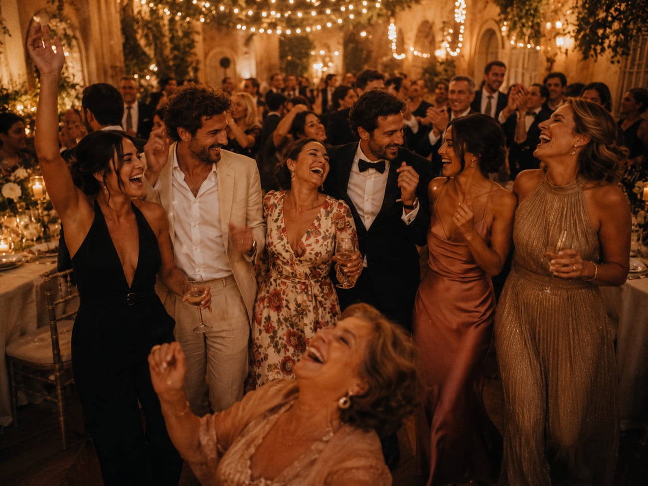 Invitados elegantes bailando y riendo en un salón con velas y mesas servidas, luces desenfocadas al fondo.