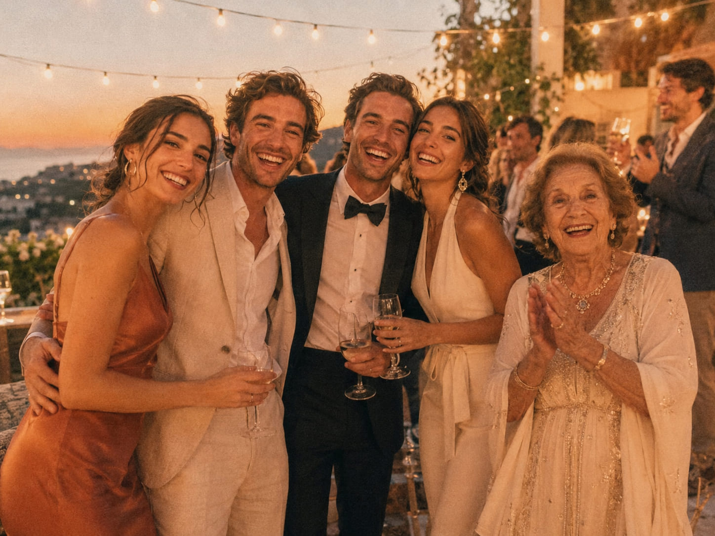Grupo de invitados elegantes riendo abrazados en una terraza al atardecer, con guirnaldas encendidas detrás.