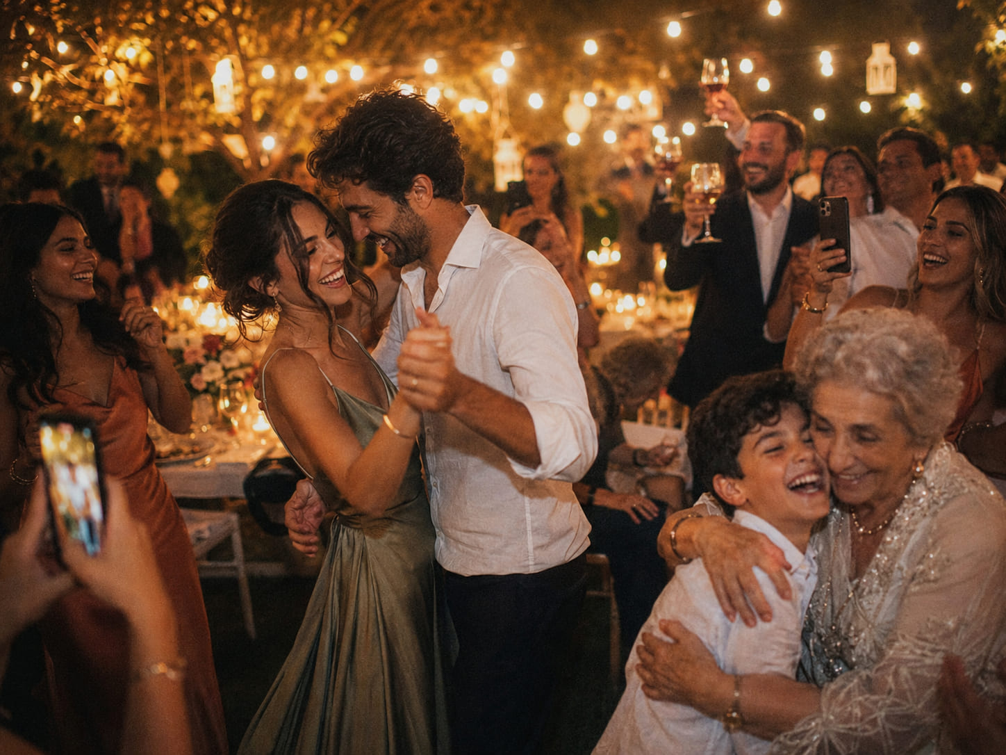 Pista de baile al atardecer: parejas girando y riendo bajo guirnaldas, invitados brindando felices al fondo entre luces doradas