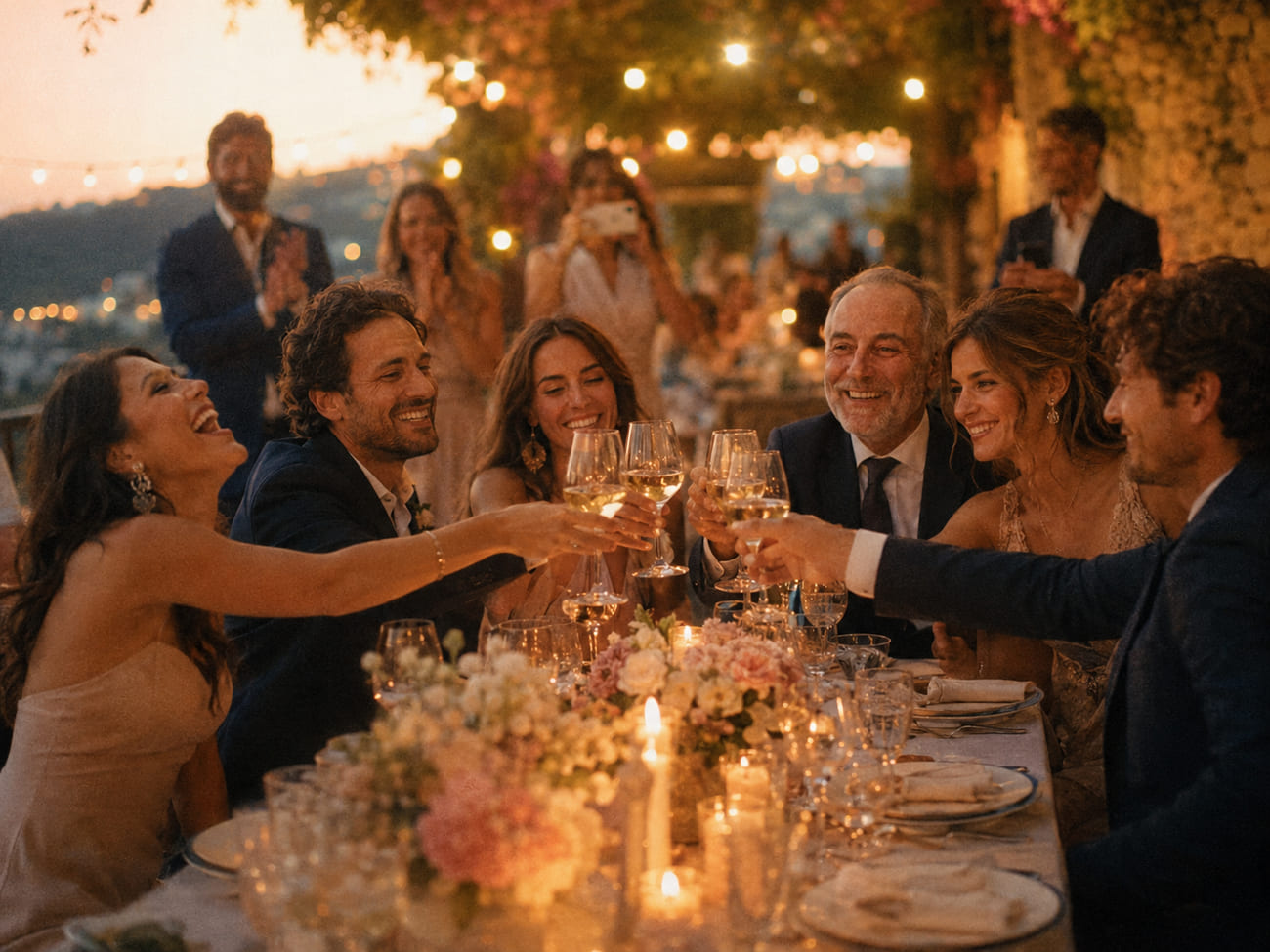 Seis invitados elegantes brindando y riendo en una mesa larga servida con velas, flores frescas y copas llenas, con los demás aplaudiendo felices al fondo.