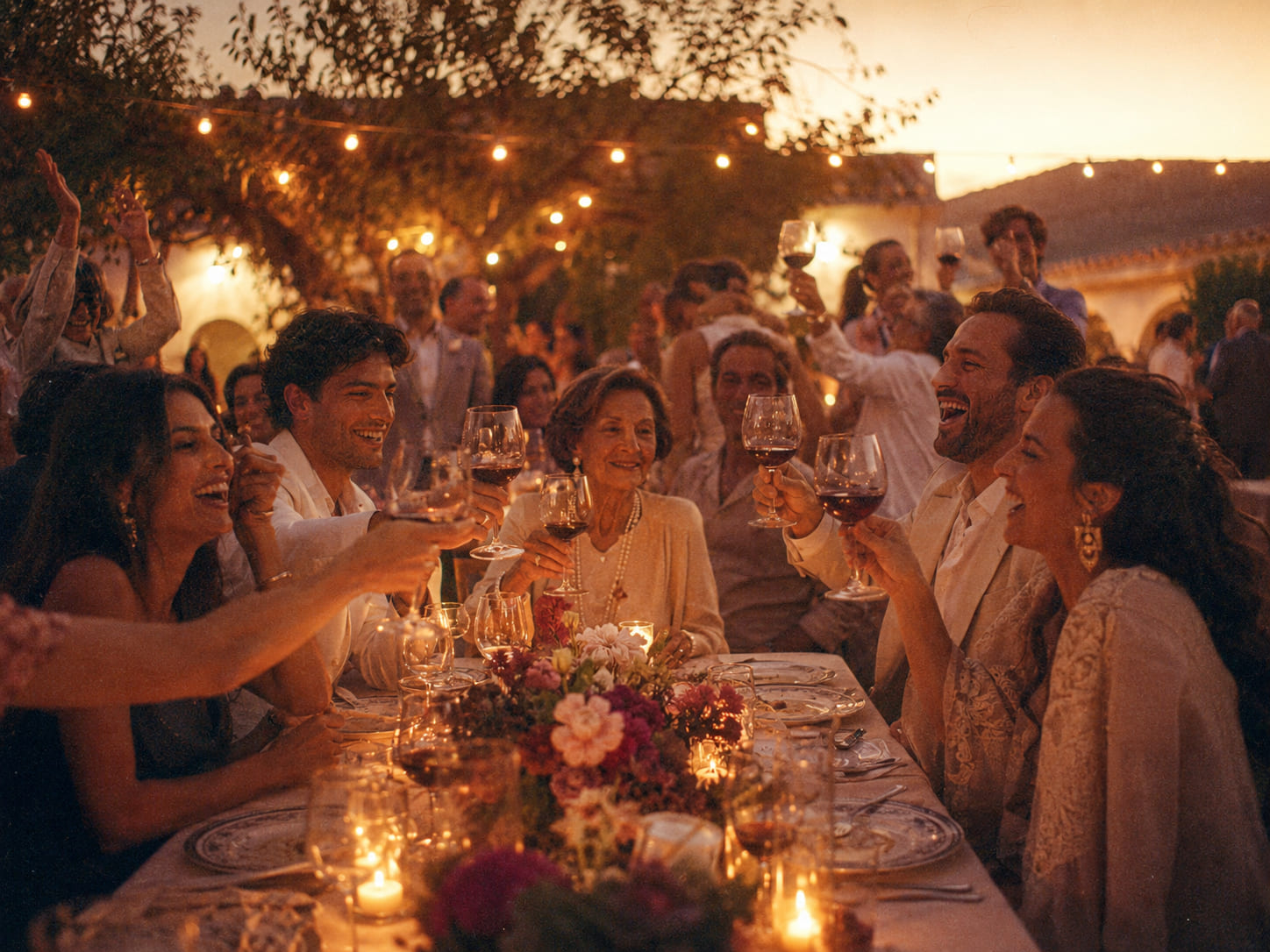 Mesa larga servida en un jardín al atardecer: la familia entera ríe y brinda entre velas y flores frescas, y al fondo más invitados aplauden bajo guirnaldas encendidas.