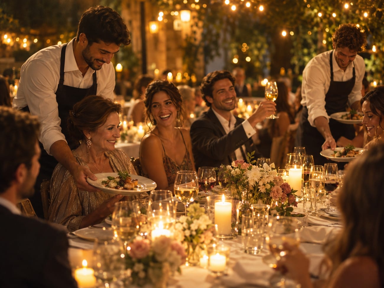 Dos meseros sirven los platos a la vez en una mesa larga con velas mientras los invitados ríen y brindan.