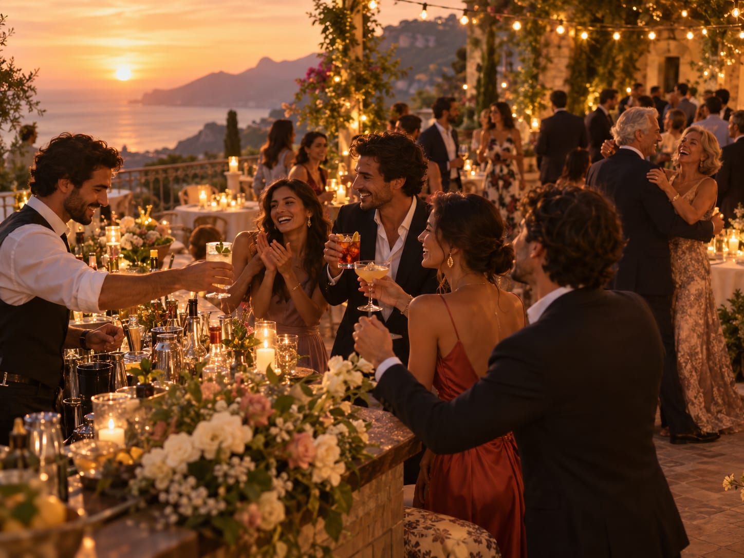 Un bartender sonriente sirve cócteles en una barra con flores mientras los invitados brindan en una terraza al atardecer.