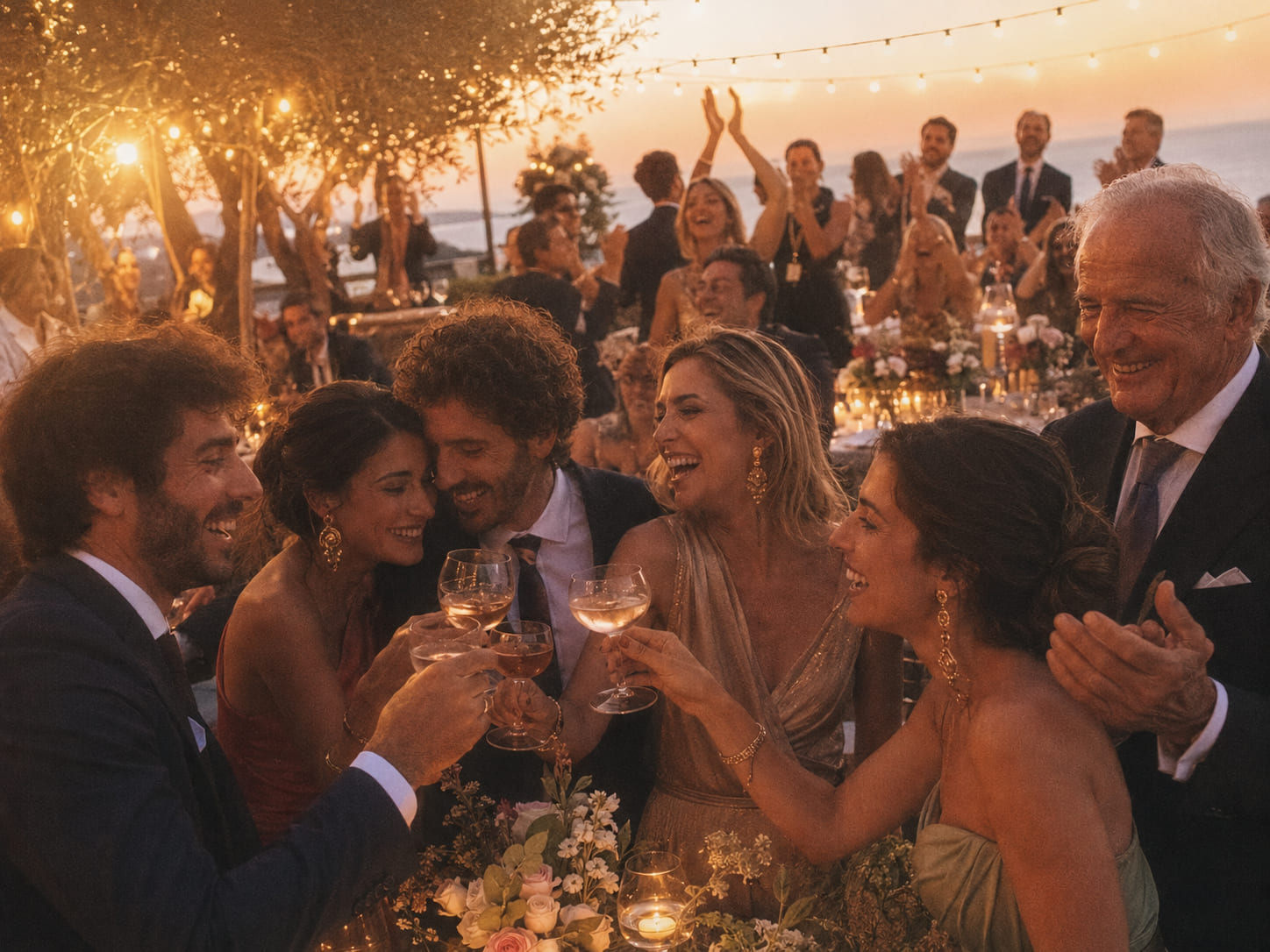 Invitados elegantes brindando y riendo juntos en una terraza con guirnaldas encendidas al atardecer.