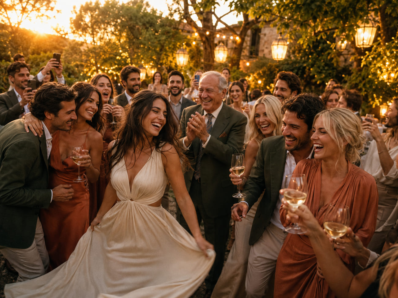 Invitados elegantes vestidos en terracota, crema y oliva brindan, ríen, aplauden y bailan en un jardín al atardecer entre faroles encendidos.