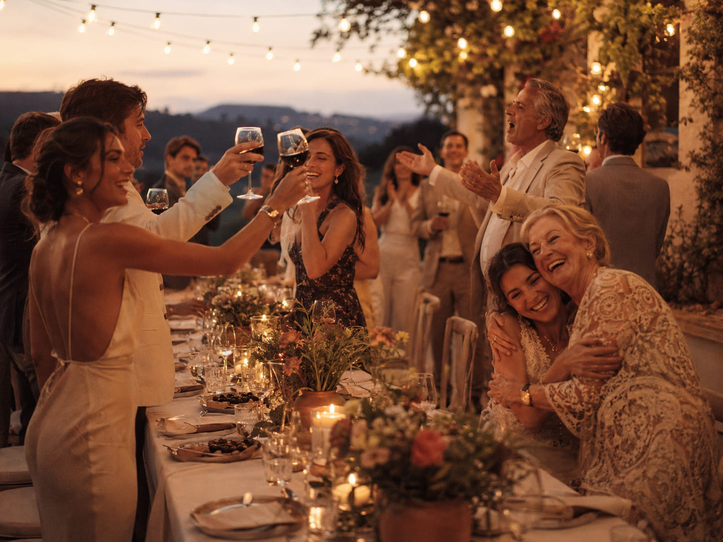 Mesa larga en terracota, crema y oliva al atardecer, con invitados elegantes riendo, brindando y aplaudiendo bajo guirnaldas cálidas.