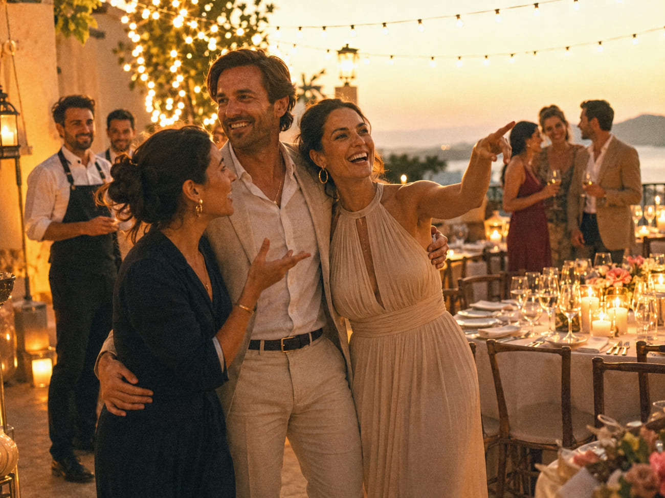 Pareja anfitriona riendo recorre una terraza al atardecer con la coordinadora entusiasmada y meseros sonrientes