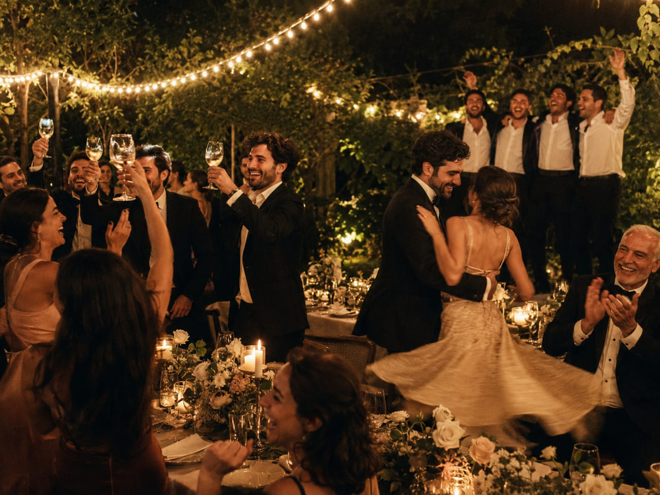 Jardín de noche con mesas de velas, invitados brindando, bailando y cantando entre luces cálidas
