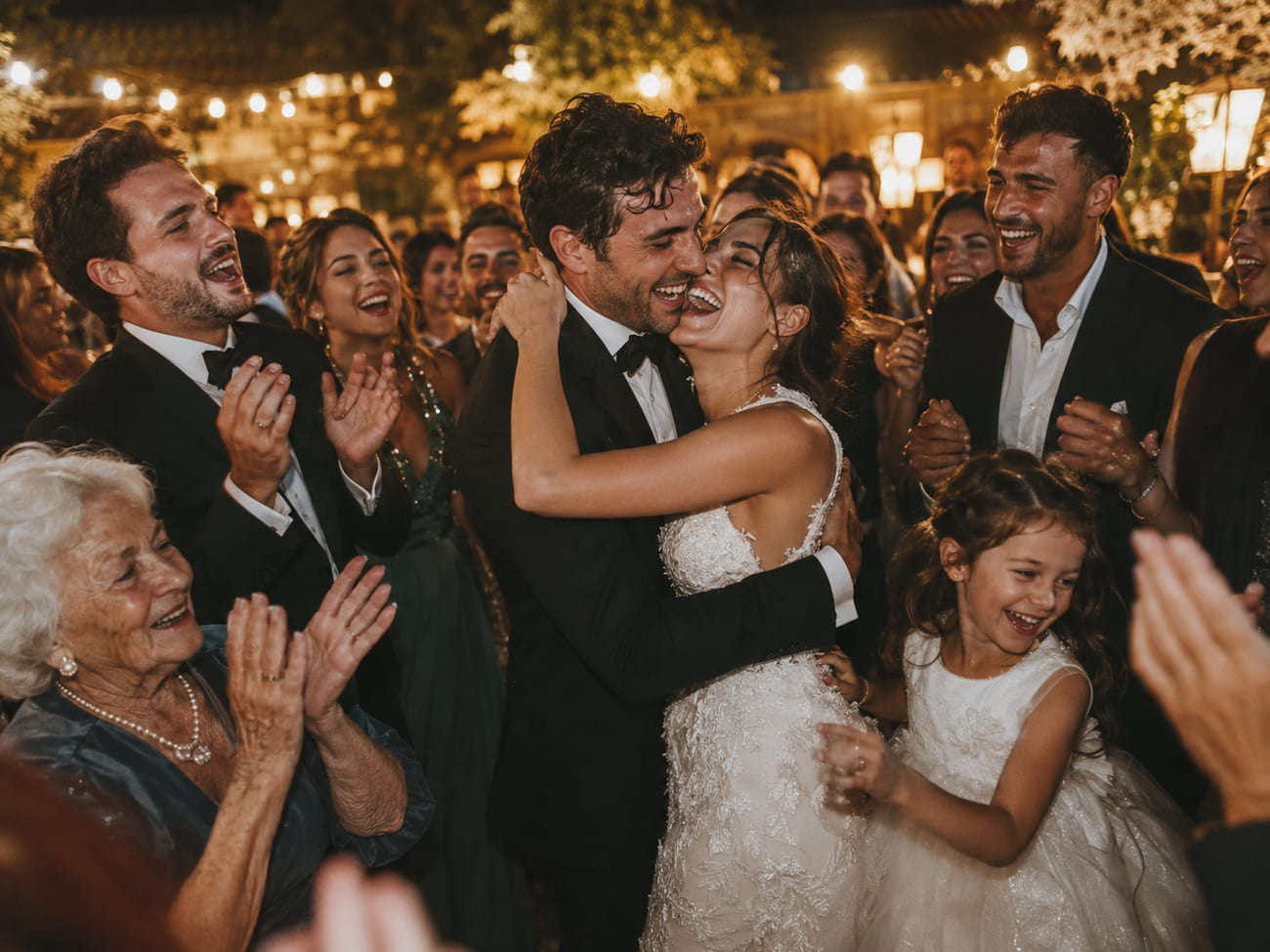 Los novios abrazados y riendo rodeados de amigos que cantan y aplauden, con luces cálidas desenfocadas detrás.