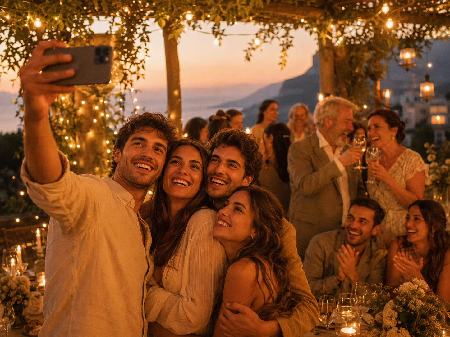 Invitados elegantes riendo y abrazándose mientras se toman una foto con el celular en alto en una terraza al atardecer, con una pareja mayor brindando y mesas con velas al fondo